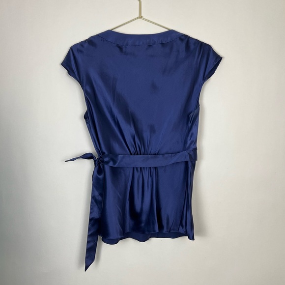 MSSP Max Studio Silk v-neck blouse cap sleeves royal blue waist tie Sz M - Picture 2 of 10